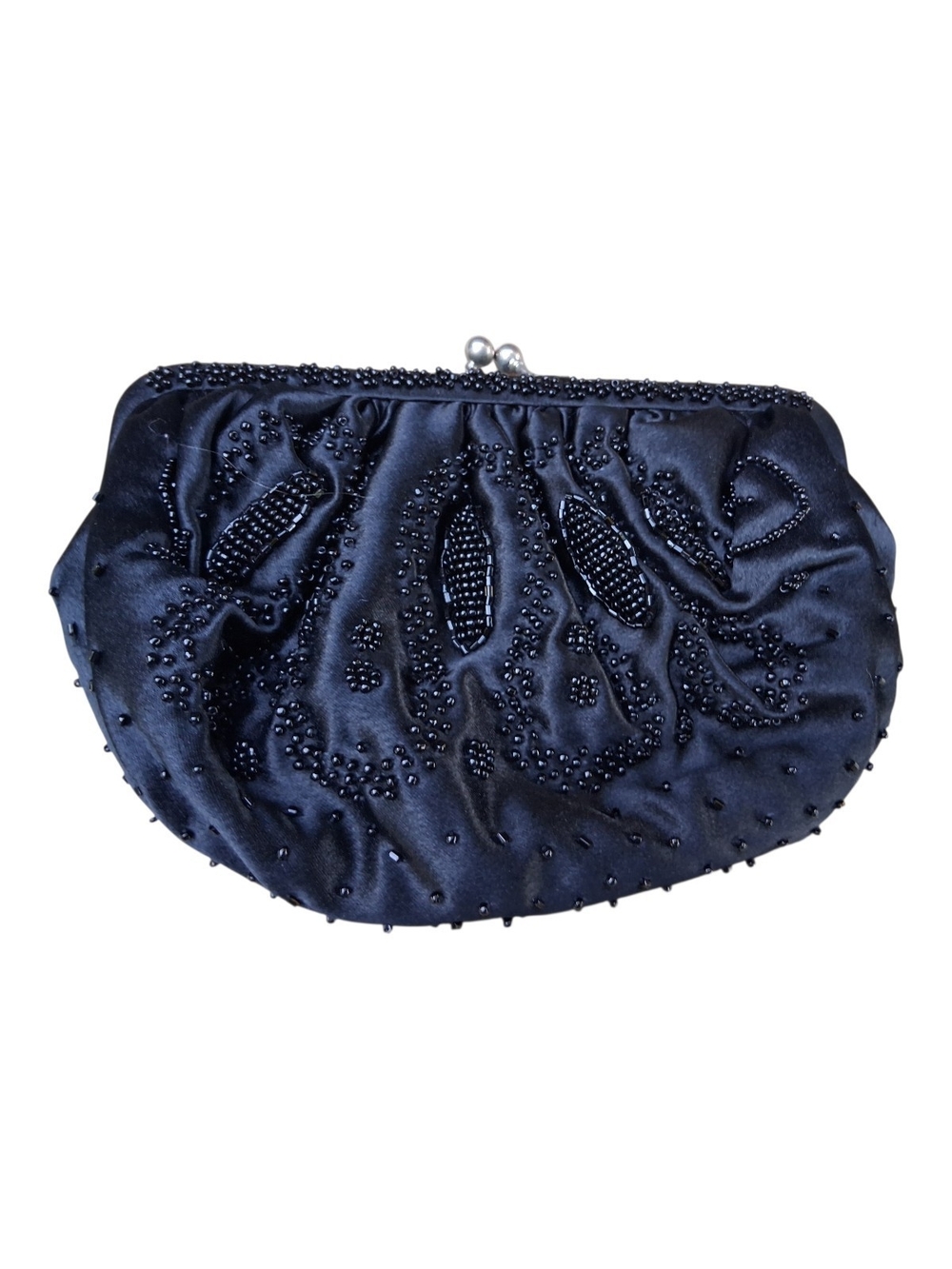 La Regale Black Beaded Satin Kiss-Lock Clutch